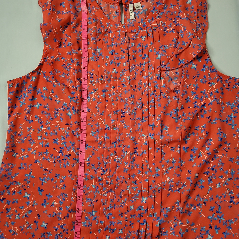 Elle Coral Sleeveless Ruffle Blouse with Blue Floral Motif - Picture 4 of 6
